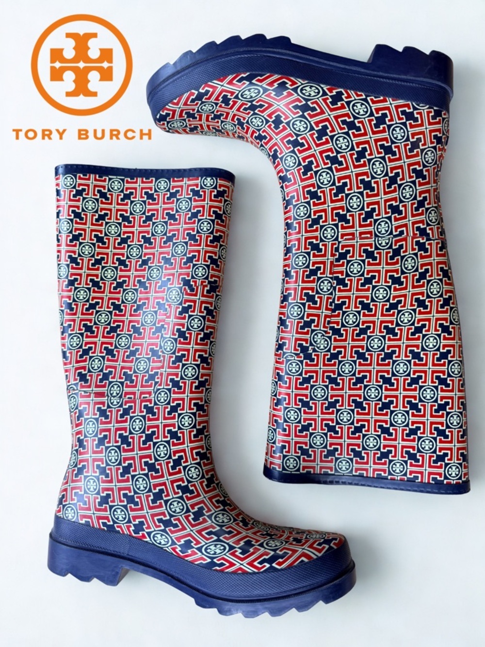 ☔️ TORY BURCH Navy, Red & Yellow Logo Rain Boots Excellent Pre-❤️ Condition